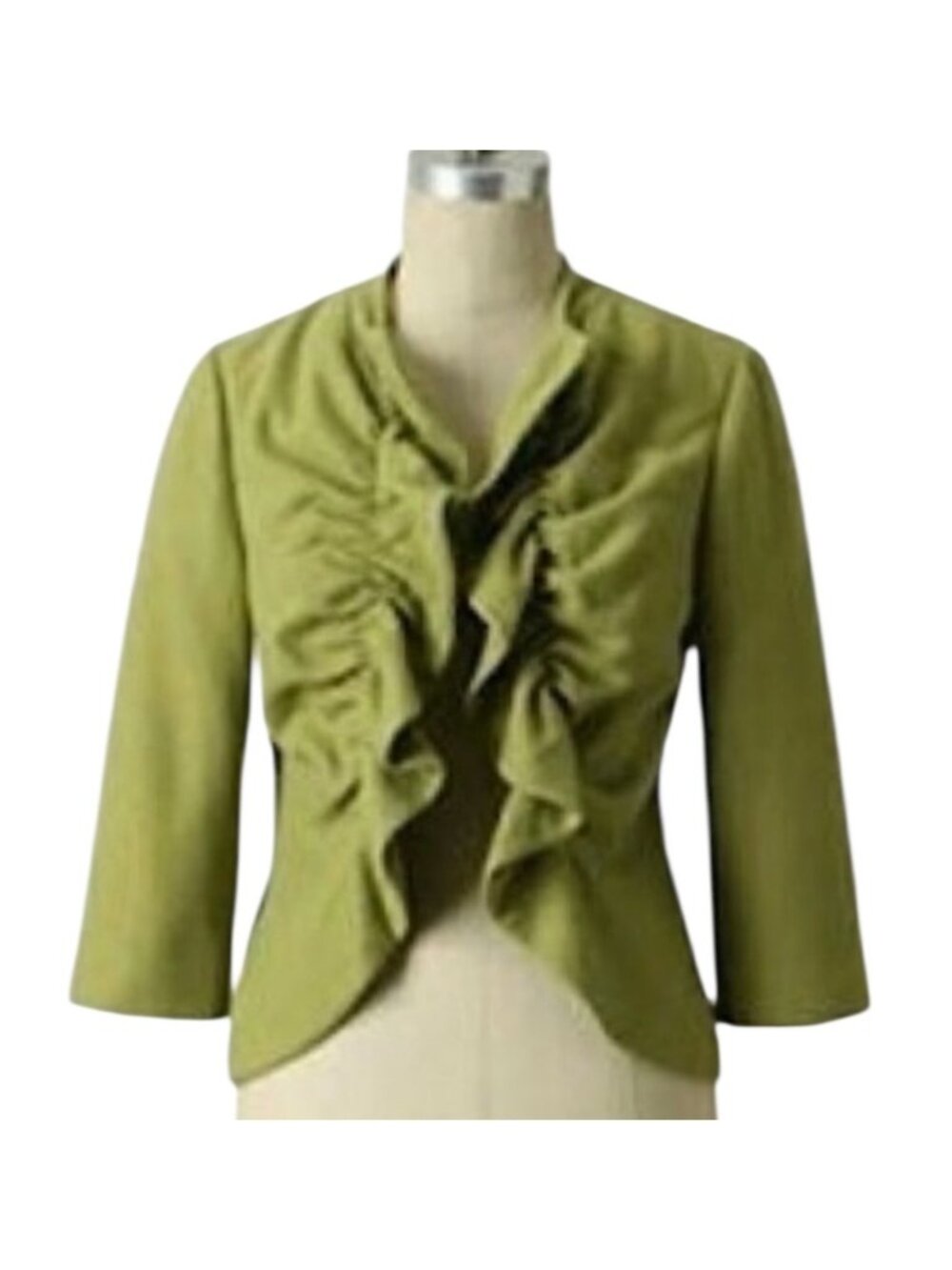 ANTHROPOLOGIE TABITHA Pea Green Wool Blend 3/4 Sleeve Ruffle Front Jacket Size 8